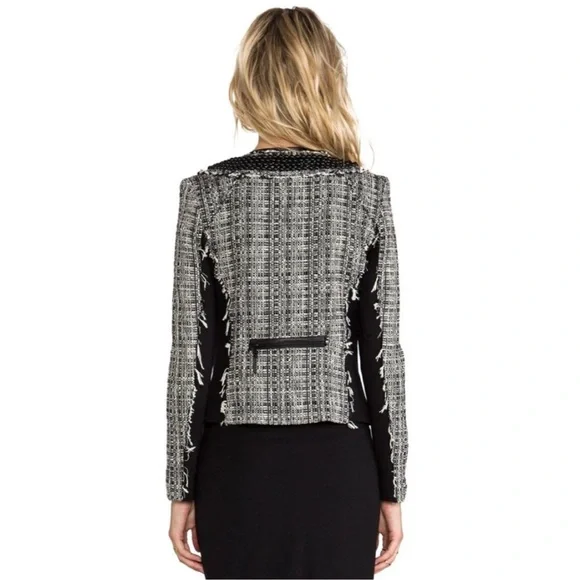 MILLY Studded Leather Trim Tweed Jacket 8 Black White​ - Picture 8 of 10